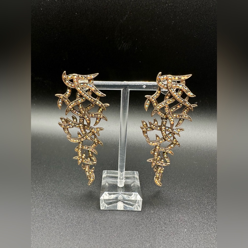 Bronze Tone Cascading Bare Branch Rhinestone Drop Earrings – 3.5", Topaz Sparkle